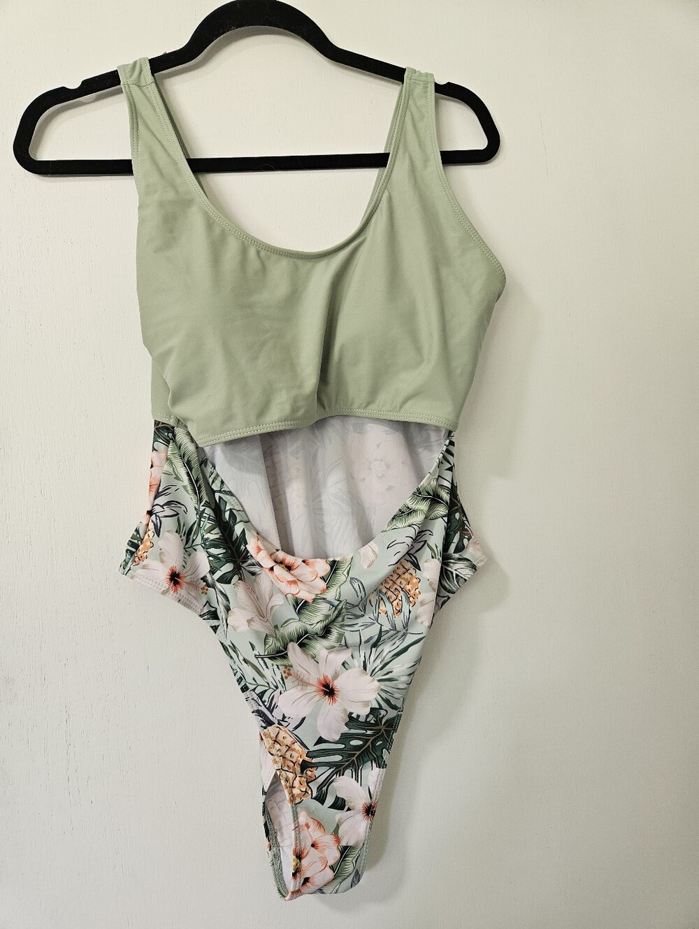 Sage Green Tropical Floral Cutout One Piece Swimsuit | Size XL